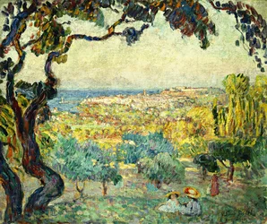 Deux enfants dans un paysage maritime