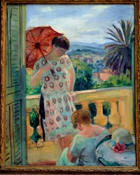 Deux femmes sur un balcon ou sur le balcon, avec vue sur l