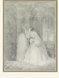 Intérieur avec jeune femme appuyée contre une colonne