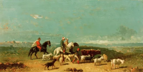 Groupe de cavaliers arabes avec un berger de chèvres dans une vaste plaine