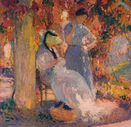 Scène de couture sous la pergola à Marquayrol, 1902, vers 1932