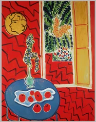 Intérieur rouge : Nature morte sur table bleue
