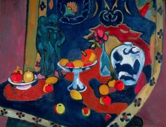 Nature morte de fruits et statue en bronze