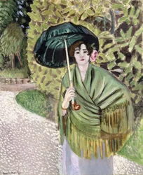 Femme avec une ombrelle verte