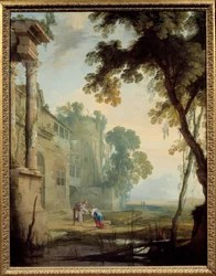 Paysage avec une femme, un vieil homme et un enfant dans un paysage de ruines romaines avec étang. Peinture par Henri Mauperche (1602-1688)