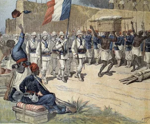 Au Dahomey (actuel Bénin) : entrée du drapeau français à Abomey - dans « Le Petit Journal » du 10/12/1892