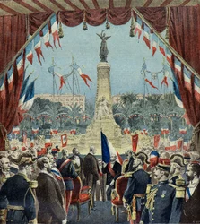 Félix Faure inaugure le monument marquant le centenaire de la réunion de Nice à la France en 1896 (Gravure)