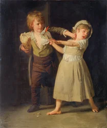 Deux enfants se disputant un morceau de pain