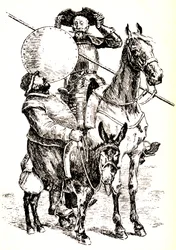 Don Quichotte sur son cheval, à côté de Sancho sur son âne