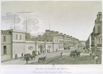 La Banque de France depuis la Rue Croix-Petits-Champs, gravée par Eugène Dubois