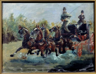 Alphonse de Toulouse-Lautrec conduisant sa malle-poste. La malle-poste est une berline à quatre chevaux, avec plusieurs rangées de sièges sur le toit de la voiture