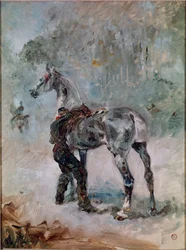 Artilleur sellant son cheval. Peinture de Henri de Toulouse-Lautrec