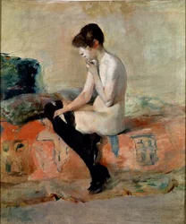 Étude de nu. Femme nue assise sur un canapé