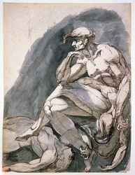 Homme avec deux femmes mortes, vers 1772 (plume et encre brune avec lavis gris sur papier)