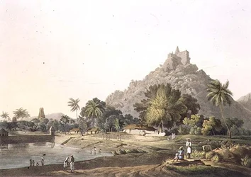 Pagodes à Trinchicunum, planche XI, gravé par Daniel Havell (1785-1826) 1809