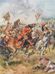 Charge des Third Dragoons, illustration tirée de «Glorious Battles of English History» par le major C.H. Wylly, années 1920
