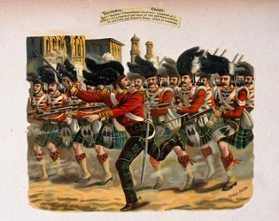 Lieutenant Herbert T. Macpherson chargeant dans une rue de Lucknow à la tête des 78e Highlanders, d