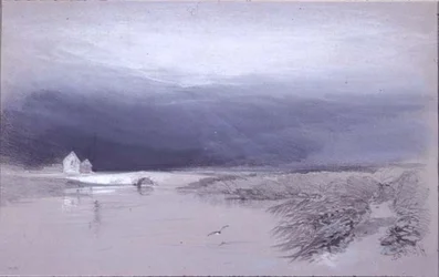 Paysage avec rivière et pont : la pluie arrive