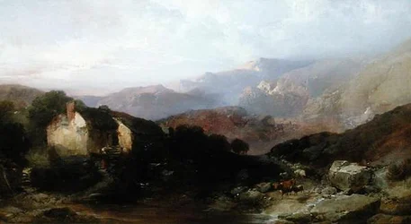 Vue du nord du Pays de Galles avec moulin à eau, bétail et moutons