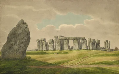 Stonehenge du N.E., montrant des ruines et la pierre de talon avec chariot, cheval, personne, 1824-1839