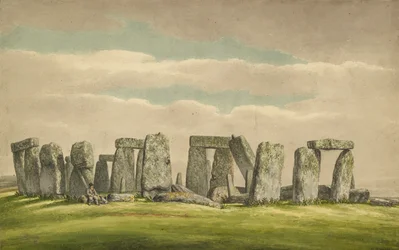 Stonehenge du N.O., montrant des ruines avec un homme et un chien, 1824-1839