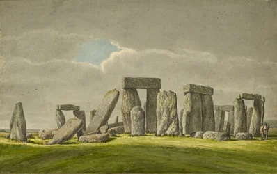 Stonehenge du S.E, montrant les pierres en état de ruine avec 2 visiteurs, 1824-1839