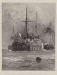 Après son procès par le feu, HMS Belleisle remorqué dans le port de Portsmouth