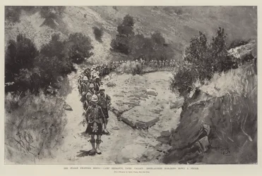 Le soulèvement de la frontière indienne, Camp Sheranni, vallée de Tochi, les Highlanders descendant un défilé