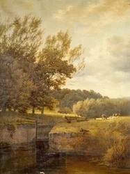 Paysage boisé avec garçon pêchant dans une écluse, 1931