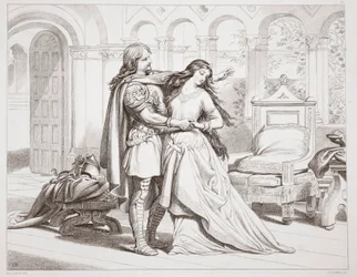Première entrevue de Hereward avec Torfrida, illustration de Hereward the Great par Charles Kingsley, pub. 1870, gravé par C.G. Lewis (gravure sur acier)