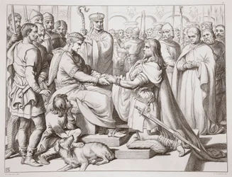 Comment Hereward est venu chez le roi, illustration de Hereward the Great par Charles Kingsley, pub. 1870, gravé par C.G. Lewis
