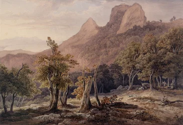 Paysage rocheux avec figures et un lac en arrière-plan