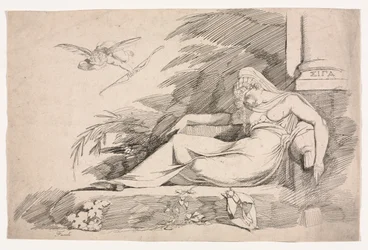 Femme endormie avec un Cupidon