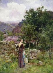 Jeune fille debout devant un cottage tenant un seau