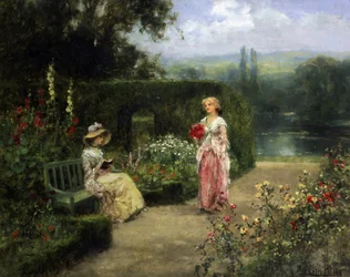 Jeunes femmes dans un jardin de la campagne anglaise. Peinture de Yeend King (1855-1924) Collection privee.