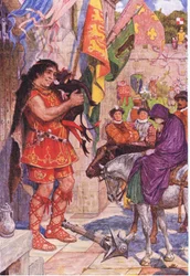 Flibbertibbet déguisé en diable apaise le géant lorsque Wayland amène Amy au château de Kenilworth, illustration de Kenilworth, c.1910
