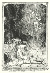 La reine Althea regarde la bûche brûlante tandis que Méléagre meurt dehors (litho)