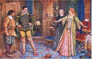 La comtesse de Leicester déchire la lettre de son mari en présence de Varney et Foster, illustration de Kenilworth, c.1910