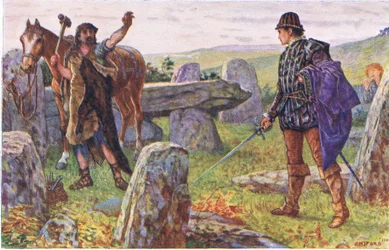 Tresilian confronte le maréchal mystérieux, illustration de Kenilworth, c.1910