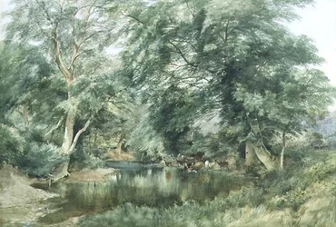 Paysage avec des cerfs buvant à une rivière