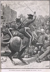 Le massacre de Peterloo avec les hussards chargeant le peuple, illustration de 