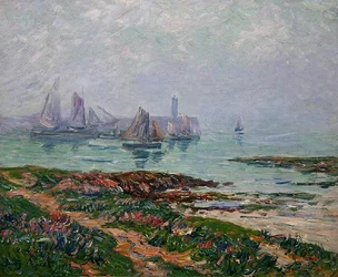 Scène côtière avec bateaux de pêche
