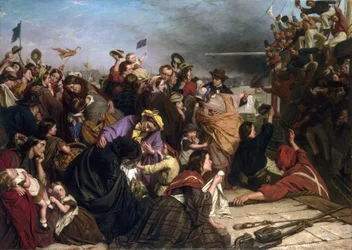 Adieu des immigrants, sur un quai de la Tamise (Angleterre), description de groupes de personnes de tous âges et classes sociales, ainsi que des marins en chemises rouges et bleues sur le bateau saluant la foule