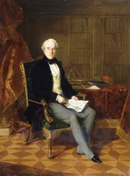 Portrait de Henry Pelham-Clinton, K.G., 4e duc de Newcastle, tenant un document, dans son étude, 1850