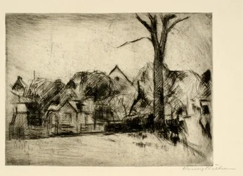 Paysage avec grand arbre et maisons