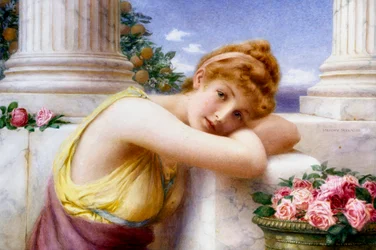 "Day-dreams" reves eveillees, jeune fille songeuse sur une terrasse en marbre a l