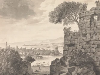 Paysage avec ruines au premier plan, port et village en arrière-plan