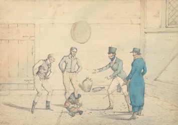 Un combat de coqs observé par quatre hommes dans une dépendance : Le Combat, gravé comme planche 39 dans "The National Sports of Great Britain"