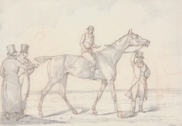 « Scraps », no 15 : cheval de course avec jockey en selle, deux hommes discutant du cheval