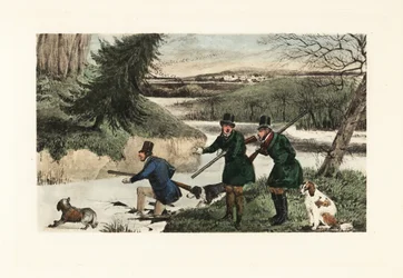 Gentlemen victoriens chassant des canards avec des fusils et des chiens sur un lac gelé
